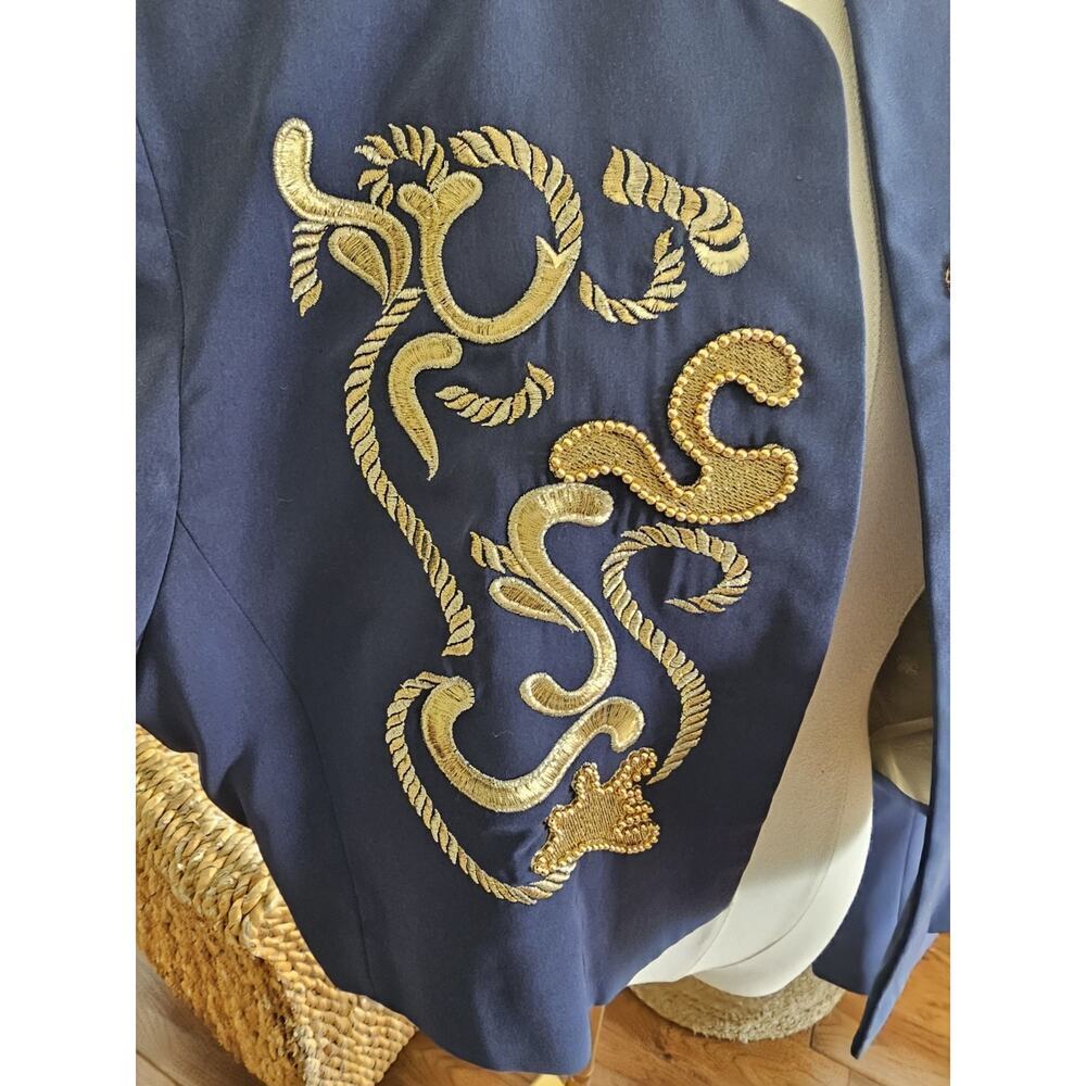 Mondi Vintage Blue Gold Embroidered Cropped Blazer Women's Size 44 Nautical - Picture 3 of 11